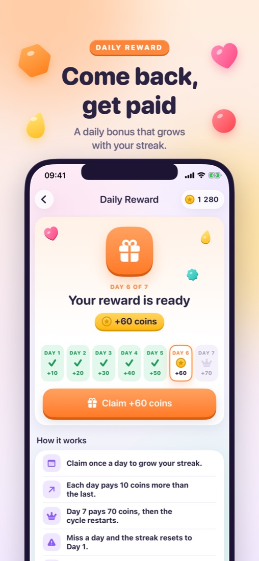 The daily reward screen